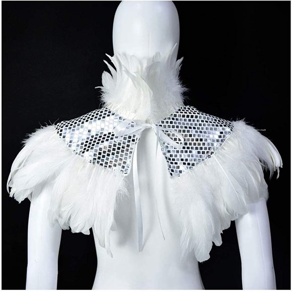 Natural Feather Sequin Shawl Gothic Black Cape - Picture 3 of 6